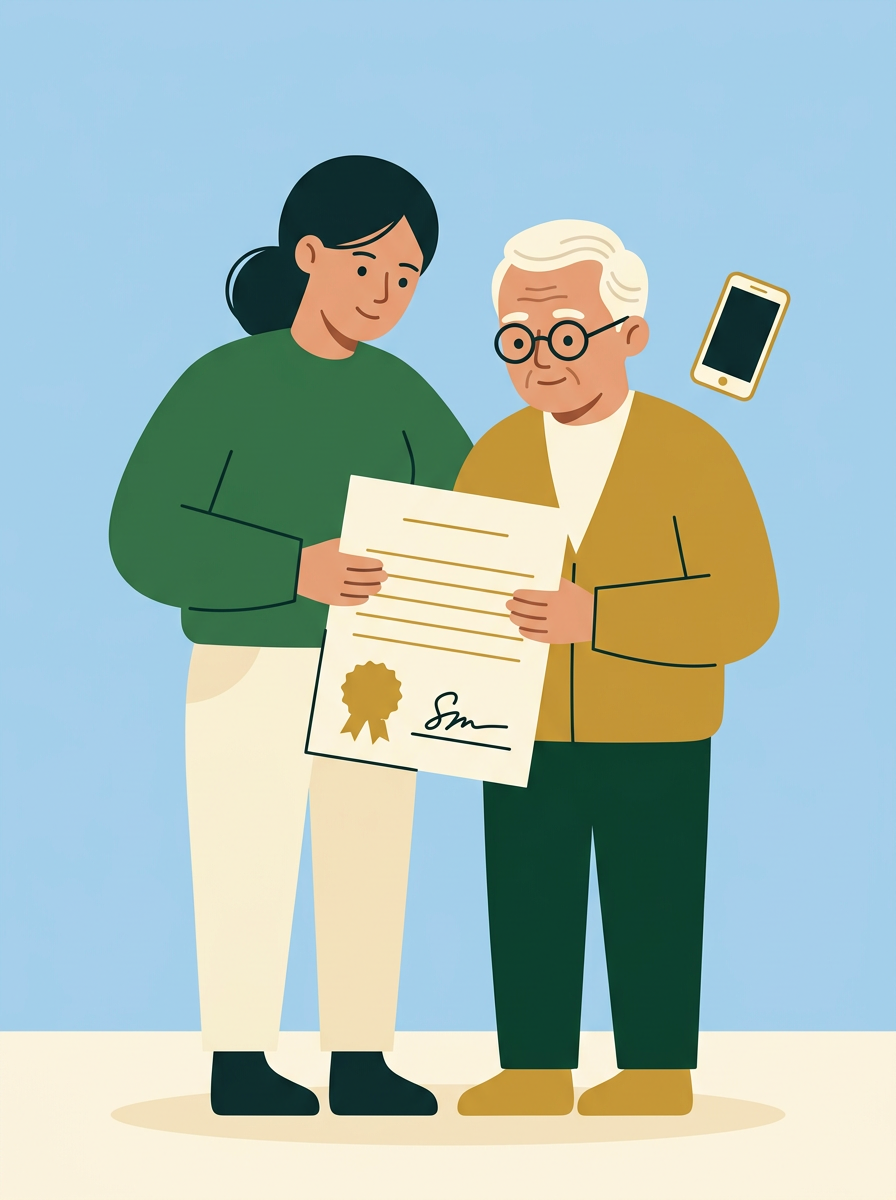 Illustration d’une fille et de son père tenant ensemble un formulaire terminé, avec un sceau doré et une ligne de signature.