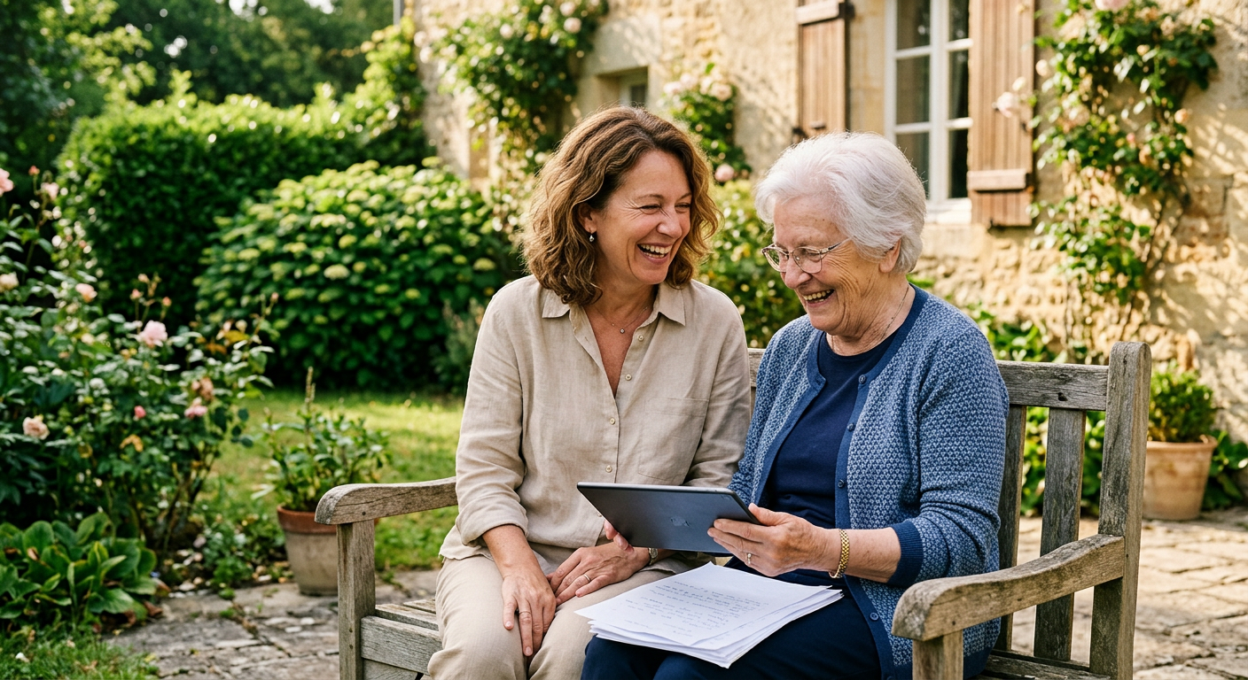 Une femme et sa mère rient ensemble autour d’une tablette et de dossiers posés sur un banc de jardin.
