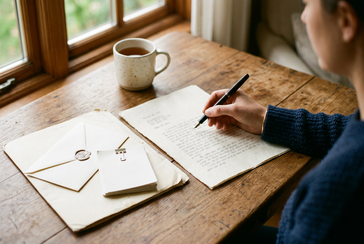 Une main tenant un stylo au-dessus d’un document sur une table en bois, à côté d’un dossier et d’une enveloppe scellée.