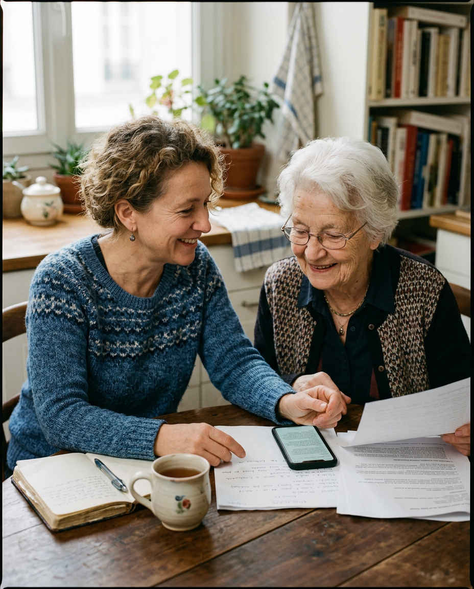 Une femme et sa mère, attablées dans une cuisine, regardent ensemble un téléphone et des papiers.
